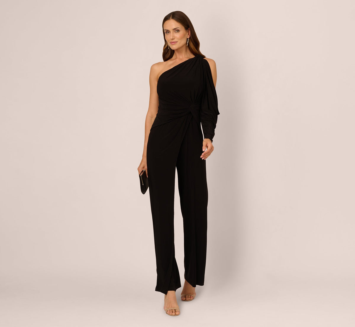 One Shoulder Split Sleeve Jersey Jumpsuit - Black | Adrianna Papell