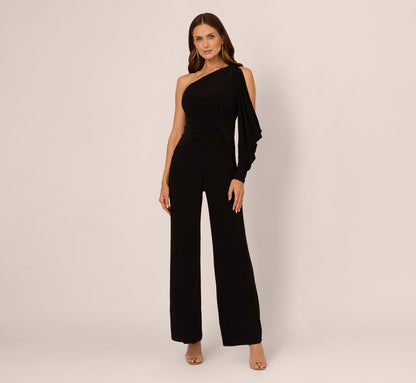 One Shoulder Split Sleeve Jersey Jumpsuit - Black | Adrianna Papell