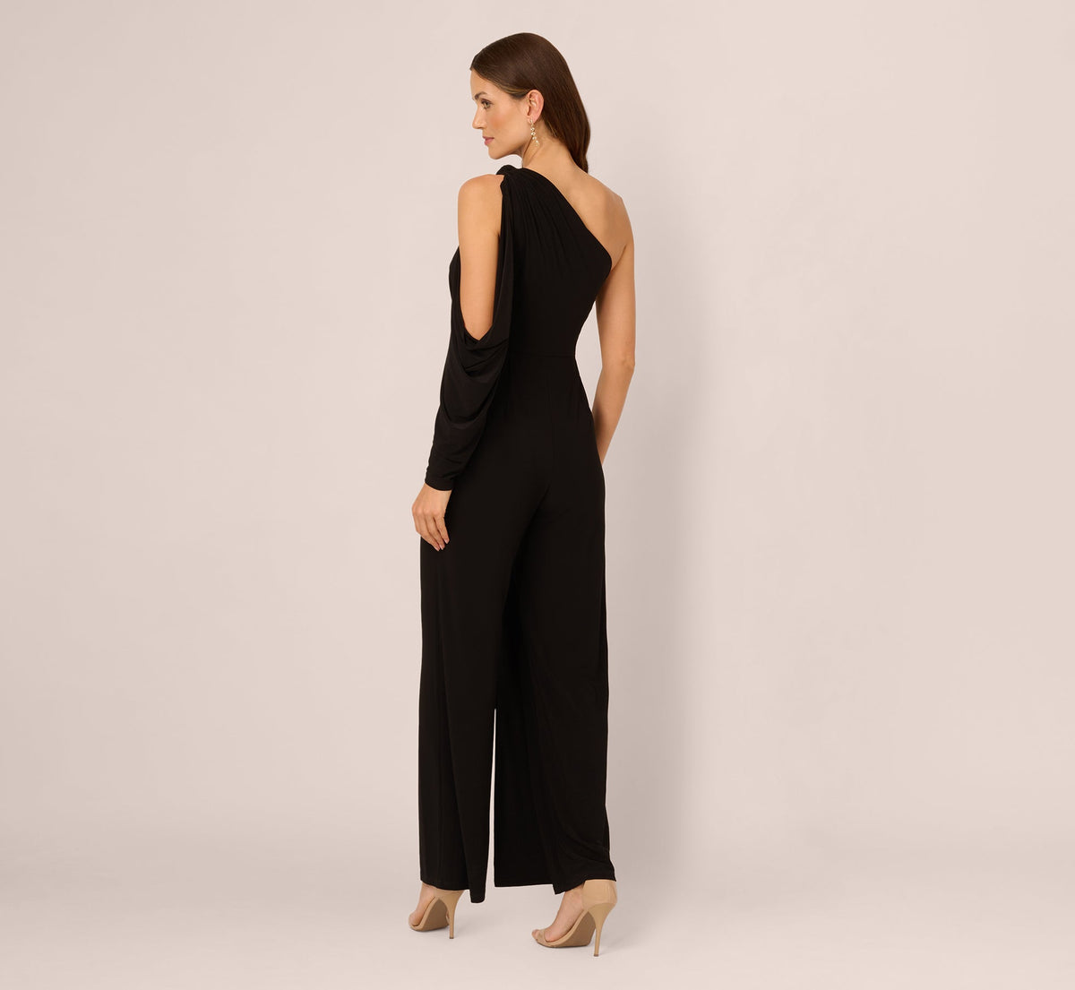One Shoulder Split Sleeve Jersey Jumpsuit - Black | Adrianna Papell