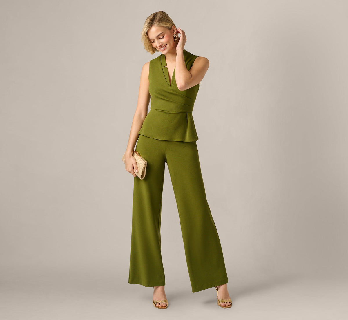 Notch Lapel Stretch Crepe Peplum Jumpsuit - Jungle Olive | Adrianna Papell