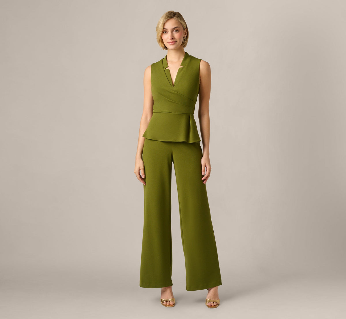 Notch Lapel Stretch Crepe Peplum Jumpsuit - Jungle Olive | Adrianna Papell