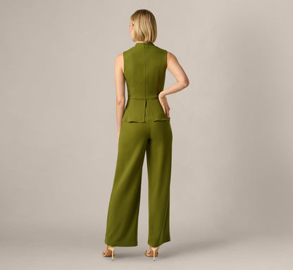 Notch Lapel Stretch Crepe Peplum Jumpsuit - Jungle Olive | Adrianna Papell
