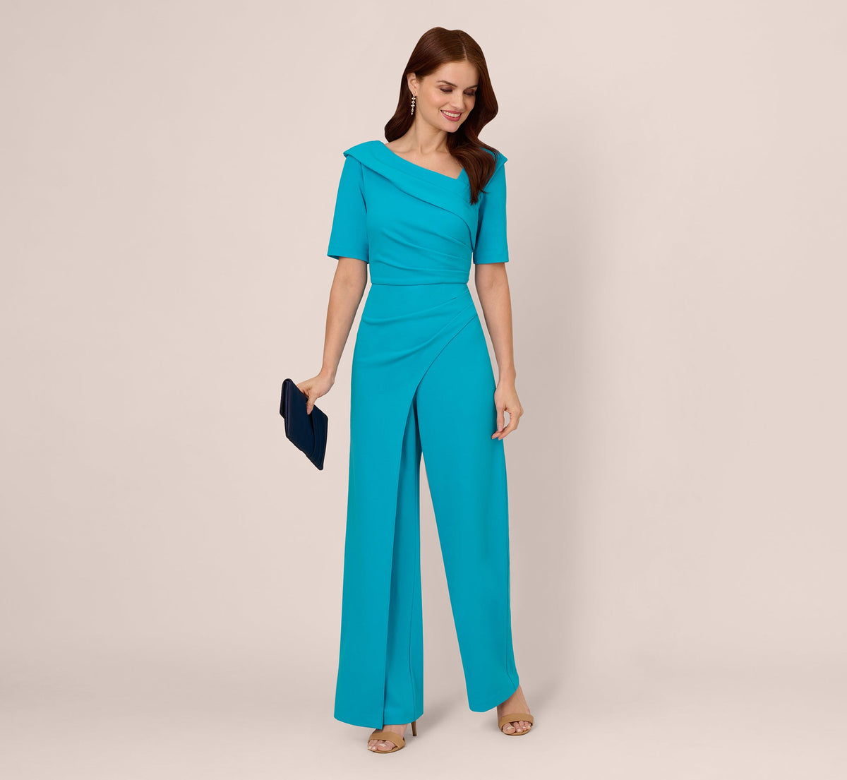 Short Sleeve Asymmetrical Wide Leg Crepe Jumpsuit - Bel Air Blue | Adrianna Papell