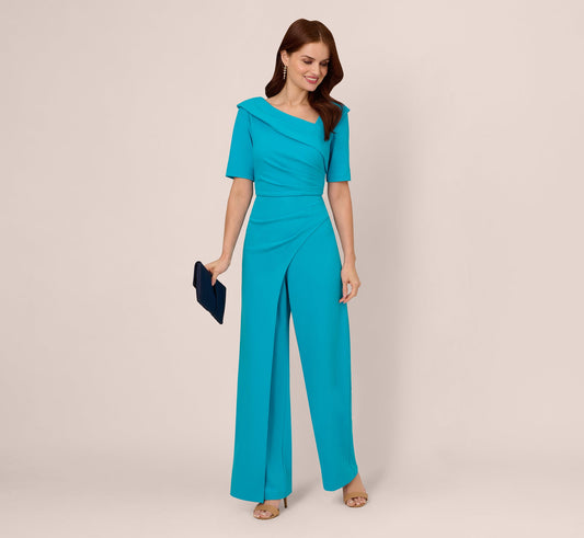 Short Sleeve Asymmetrical Wide Leg Crepe Jumpsuit - Bel Air Blue | Adrianna Papell