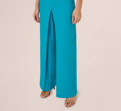 Short Sleeve Asymmetrical Wide Leg Crepe Jumpsuit - Bel Air Blue | Adrianna Papell