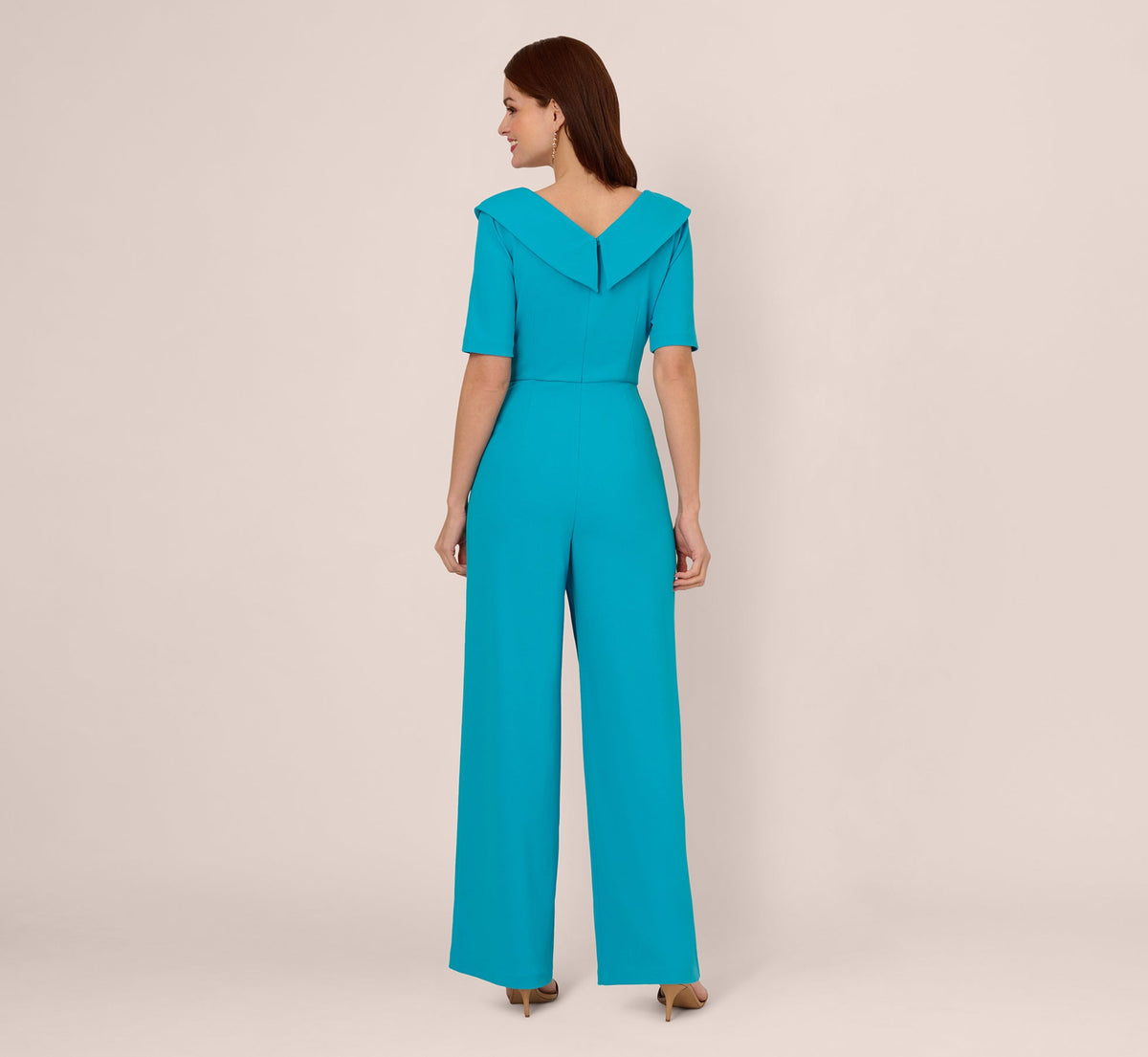 Short Sleeve Asymmetrical Wide Leg Crepe Jumpsuit - Bel Air Blue | Adrianna Papell