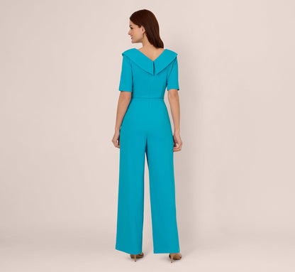 Short Sleeve Asymmetrical Wide Leg Crepe Jumpsuit - Bel Air Blue | Adrianna Papell