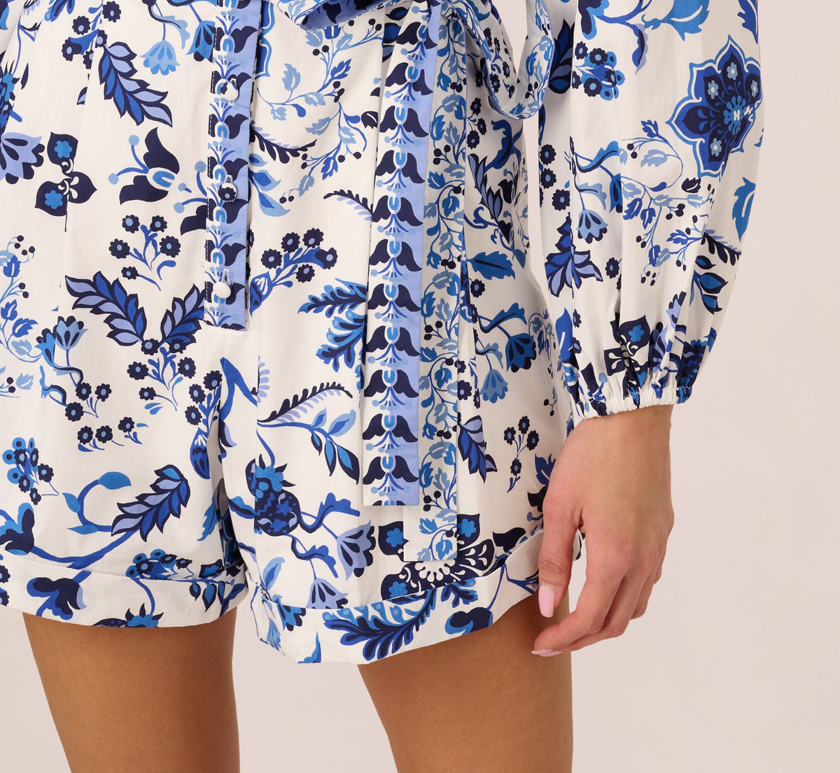 Long Sleeve Tie Front Floral Romper - White Blue Multi | Adrianna Papell
