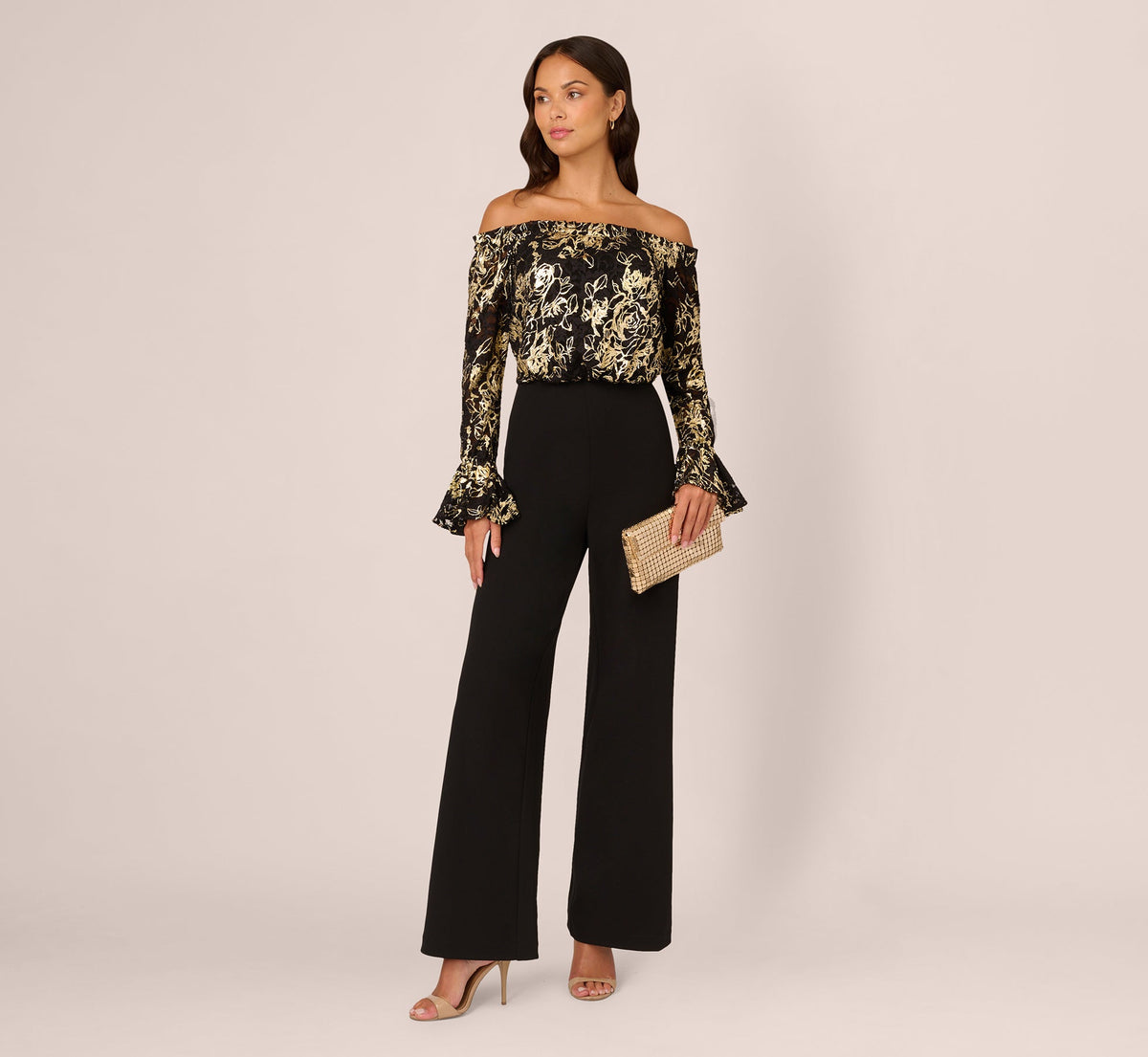Lace And Crepe Jumpsuit - Black Gold | Adrianna Papell