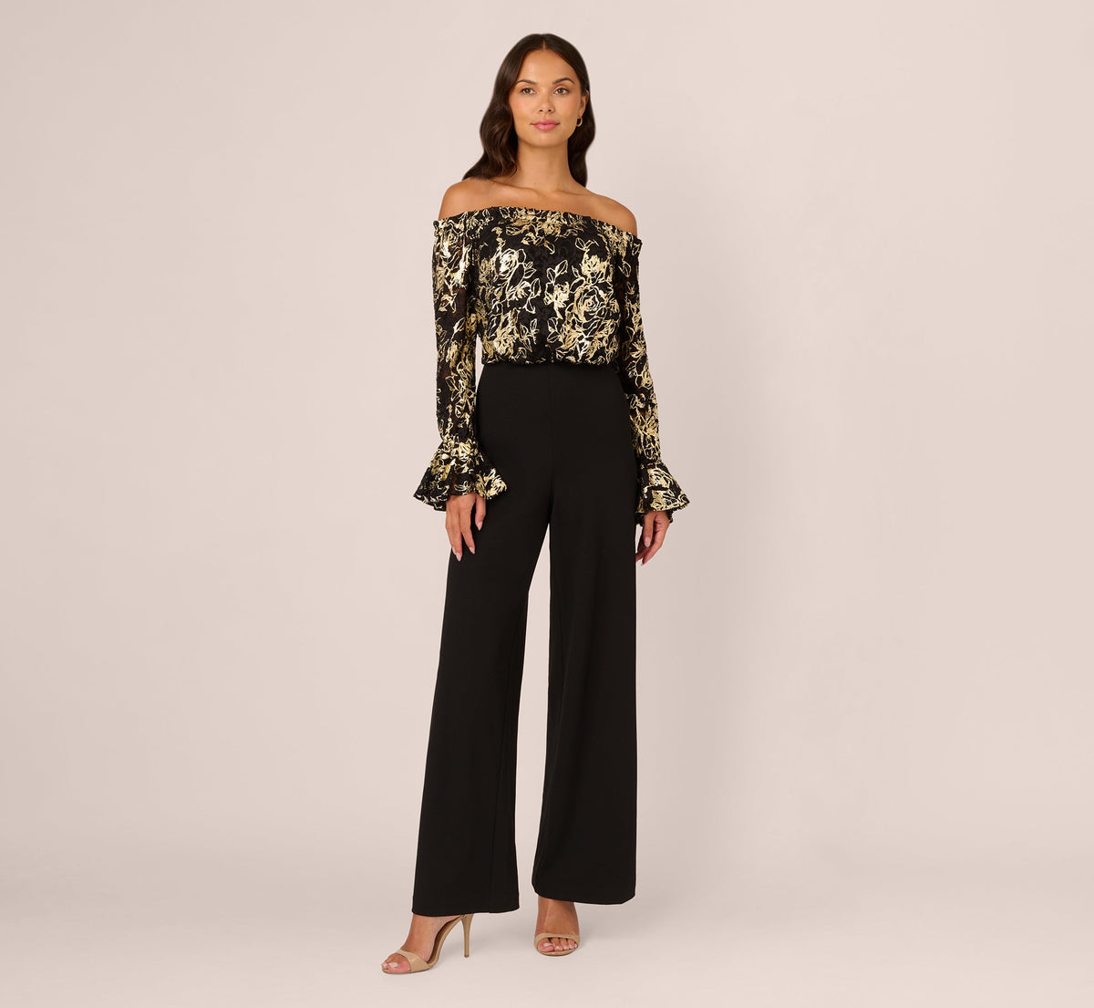 Lace And Crepe Jumpsuit - Black Gold | Adrianna Papell