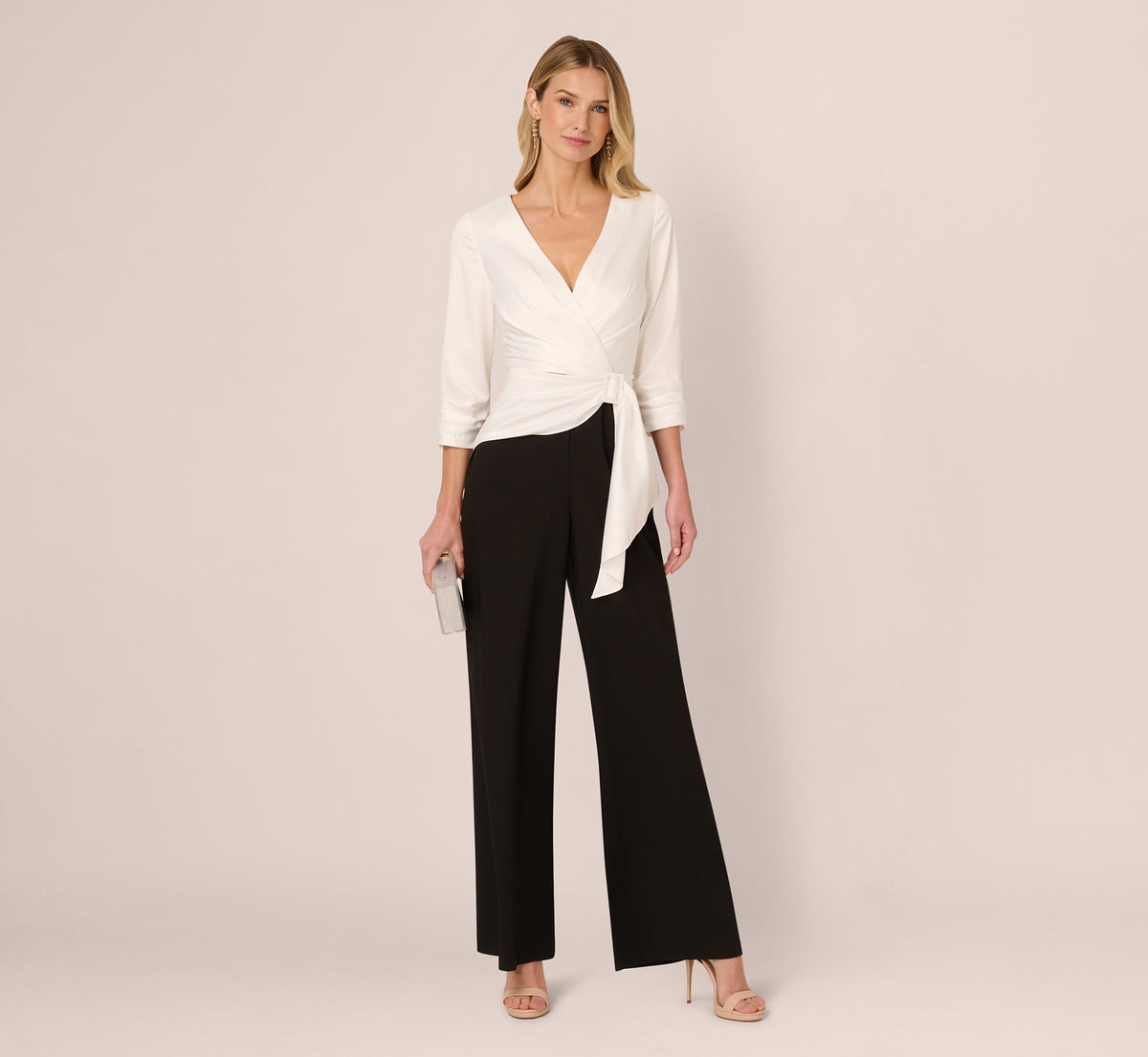 Three Quarter Sleeve Draped Combo Jumpsuit - Ivory Black | Adrianna Papell