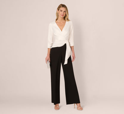 Three Quarter Sleeve Draped Combo Jumpsuit - Ivory Black | Adrianna Papell