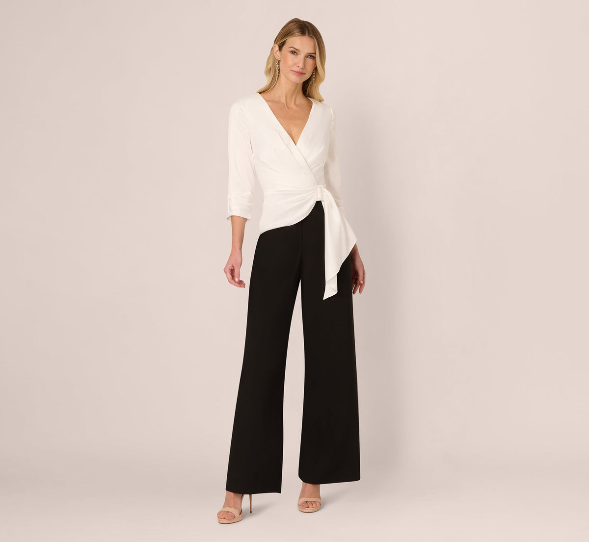 Three Quarter Sleeve Draped Combo Jumpsuit - Ivory Black | Adrianna Papell