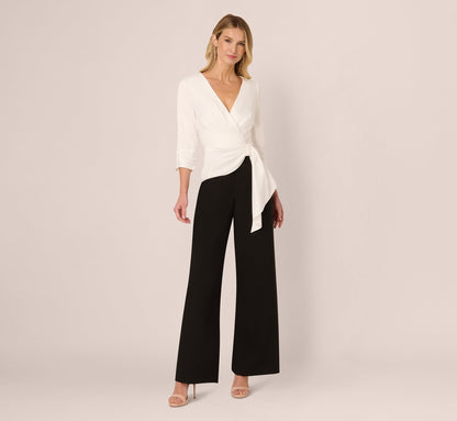 Three Quarter Sleeve Draped Combo Jumpsuit - Ivory Black | Adrianna Papell