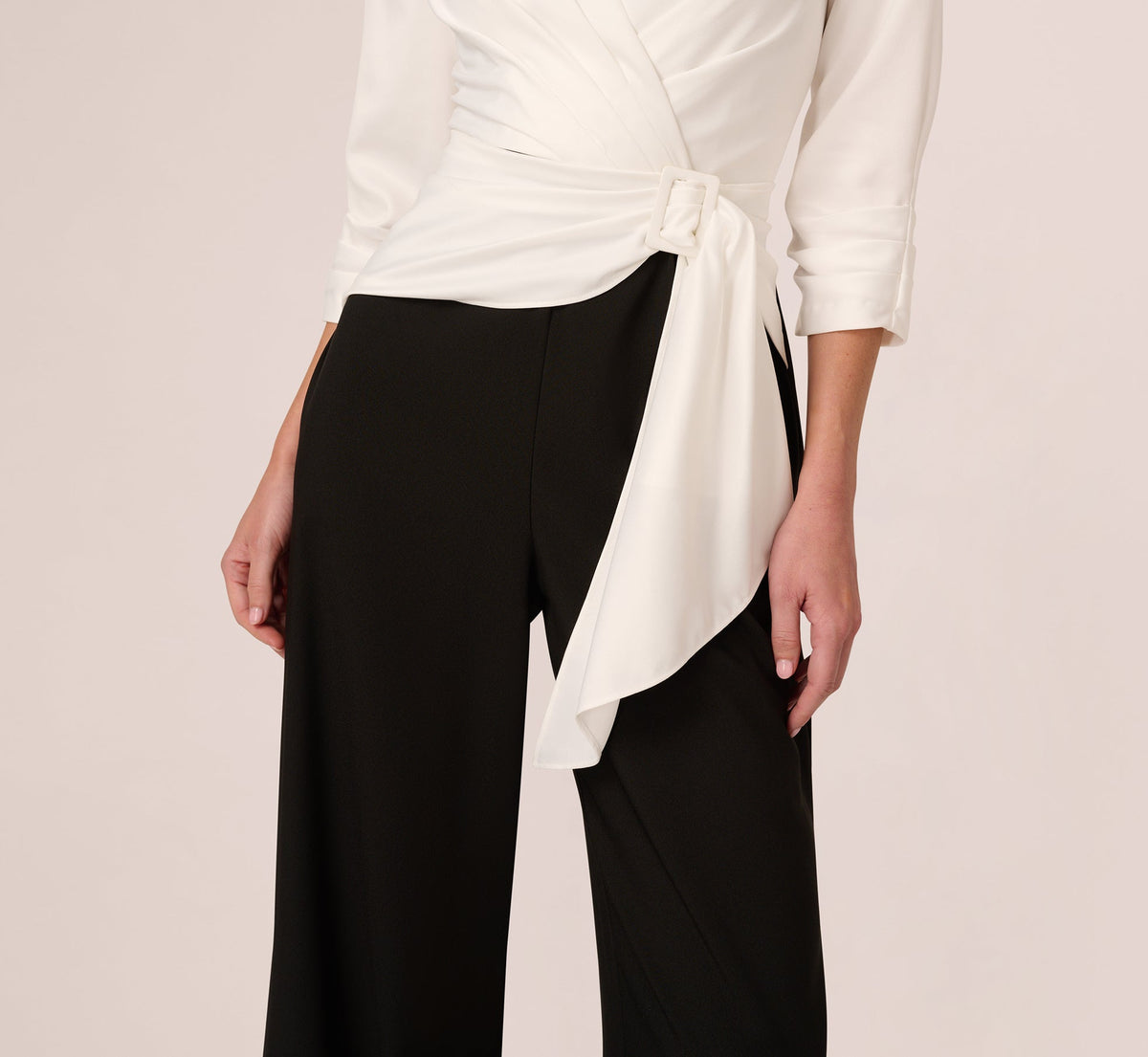 Three Quarter Sleeve Draped Combo Jumpsuit - Ivory Black | Adrianna Papell