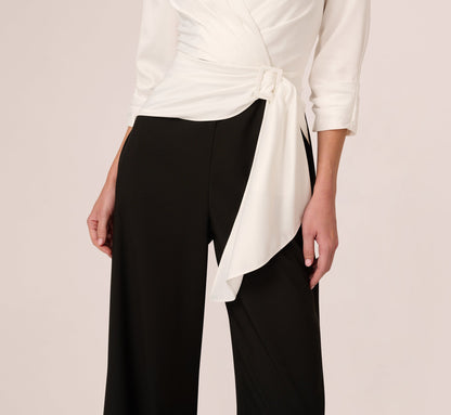 Three Quarter Sleeve Draped Combo Jumpsuit - Ivory Black | Adrianna Papell
