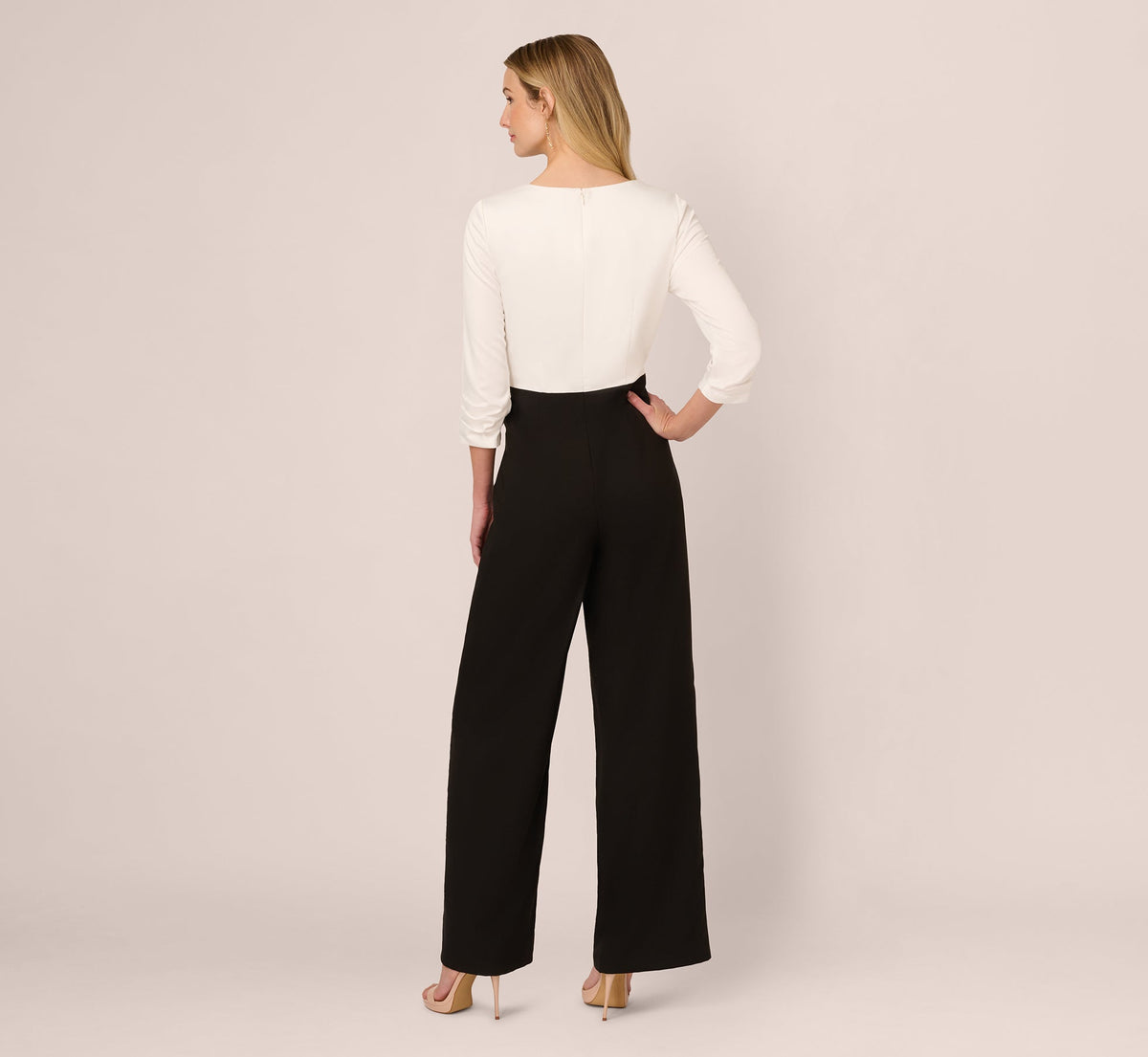 Three Quarter Sleeve Draped Combo Jumpsuit - Ivory Black | Adrianna Papell