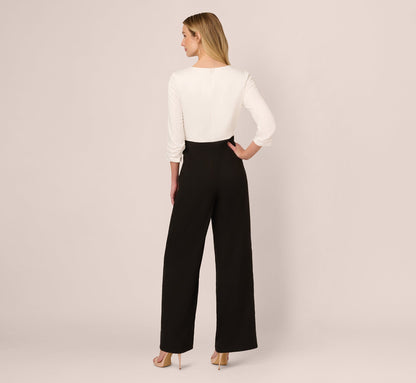 Three Quarter Sleeve Draped Combo Jumpsuit - Ivory Black | Adrianna Papell