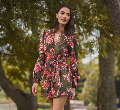 Bishop Sleeve Button Front Floral Romper - Olive Multi | Adrianna Papell