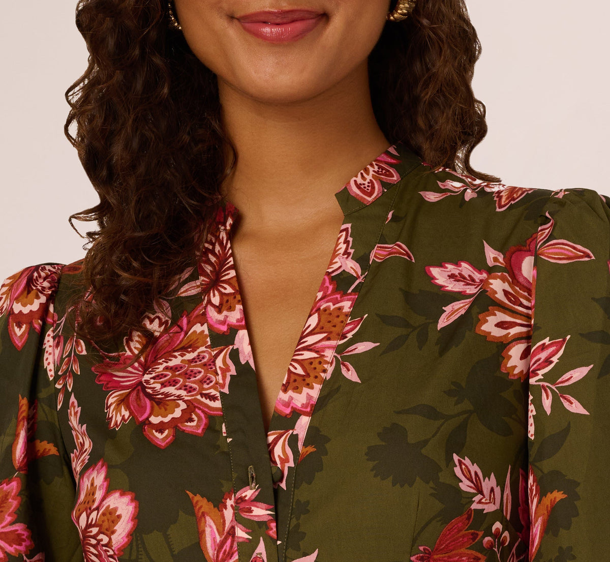 Bishop Sleeve Button Front Floral Romper - Olive Multi | Adrianna Papell