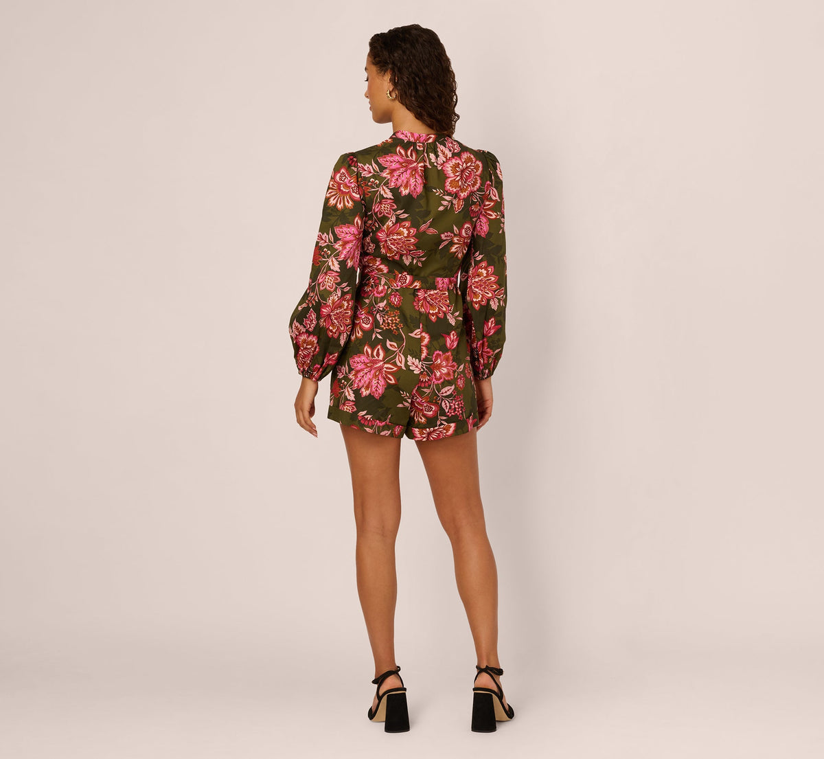 Bishop Sleeve Button Front Floral Romper - Olive Multi | Adrianna Papell