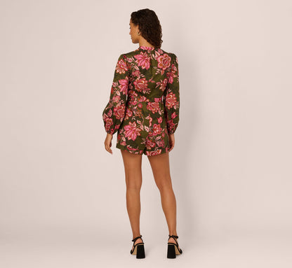 Bishop Sleeve Button Front Floral Romper - Olive Multi | Adrianna Papell