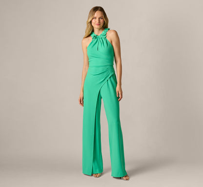 3D Floral Stretch Halter Jumpsuit - Flora Green | Adrianna Papell