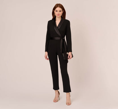 Long Sleeve Crepe Jumpsuit With Tuxedo Collar - Black | Adrianna Papell