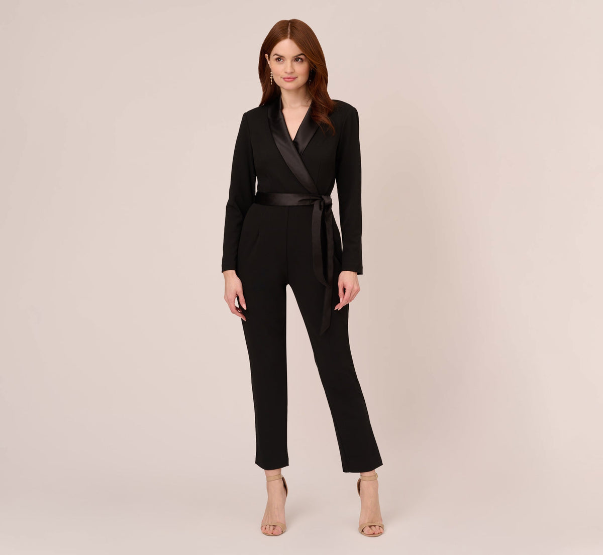 Long Sleeve Crepe Jumpsuit With Tuxedo Collar - Black | Adrianna Papell