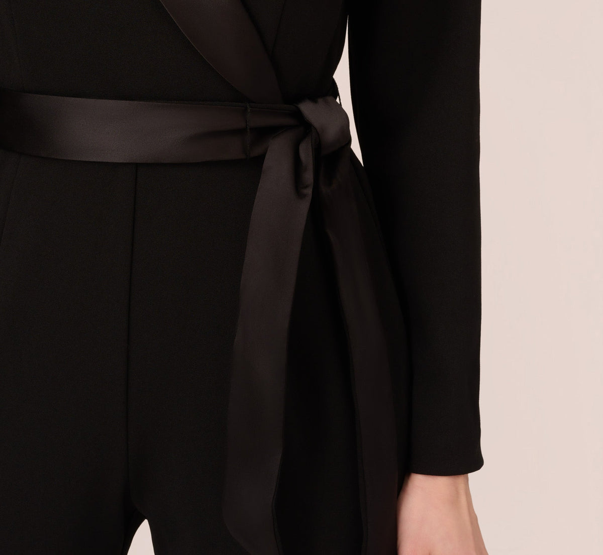 Long Sleeve Crepe Jumpsuit With Tuxedo Collar - Black | Adrianna Papell