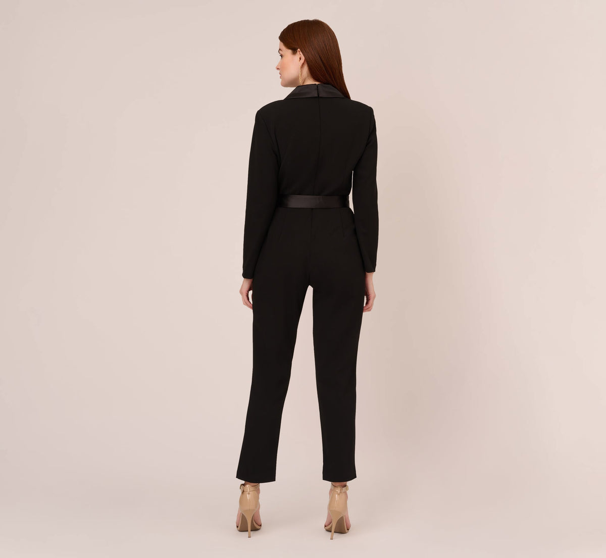 Long Sleeve Crepe Jumpsuit With Tuxedo Collar - Black | Adrianna Papell