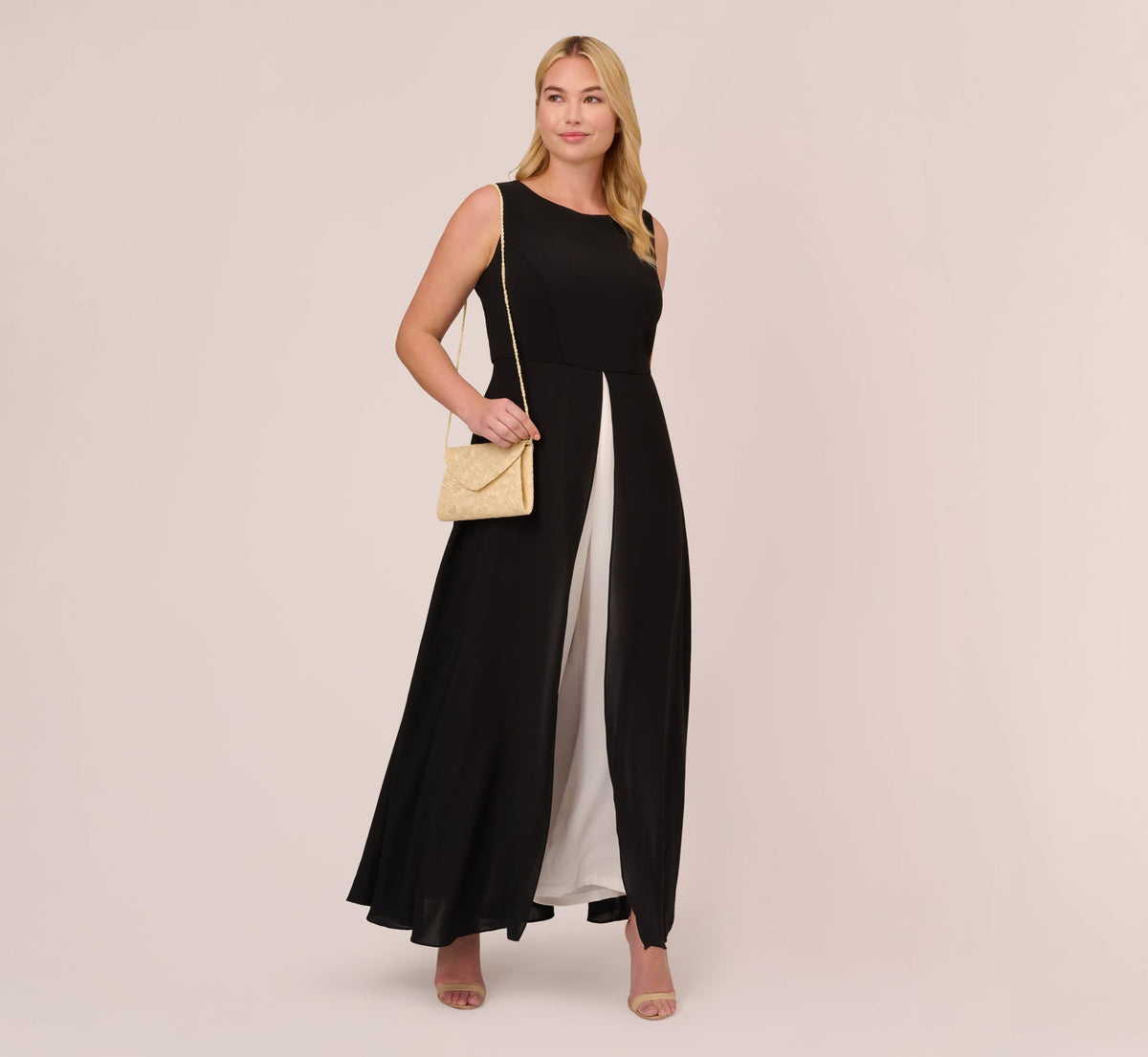 Plus Size Colorblock Jumpsuit With Skirt Overlay - Black Ivory | Adrianna Papell