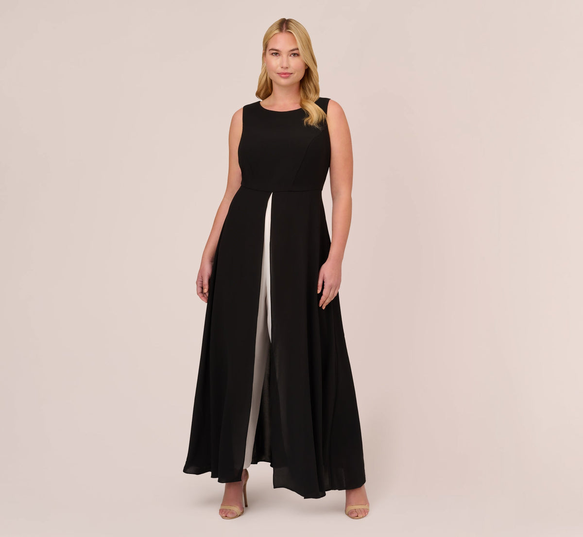 Plus Size Colorblock Jumpsuit With Skirt Overlay - Black Ivory | Adrianna Papell
