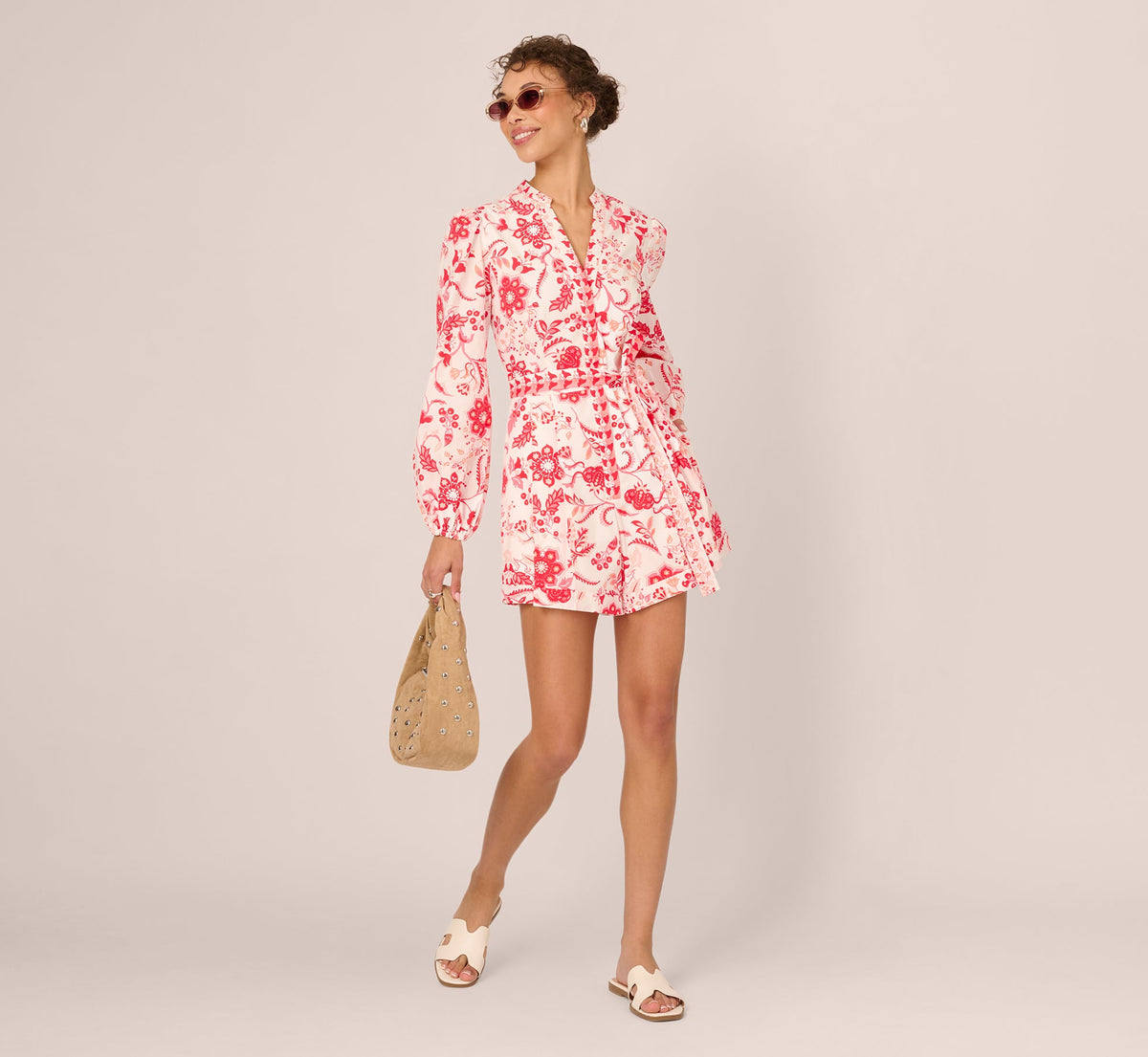 Long Sleeve Tie Front Floral Romper - White Coral Multi | Adrianna Papell
