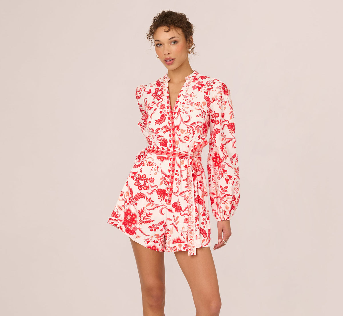 Long Sleeve Tie Front Floral Romper - White Coral Multi | Adrianna Papell