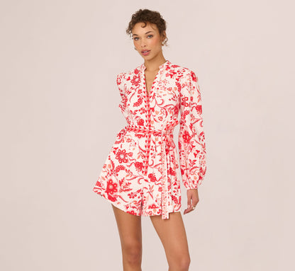 Long Sleeve Tie Front Floral Romper - White Coral Multi | Adrianna Papell