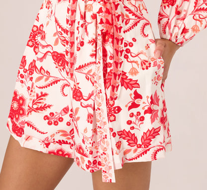 Long Sleeve Tie Front Floral Romper - White Coral Multi | Adrianna Papell