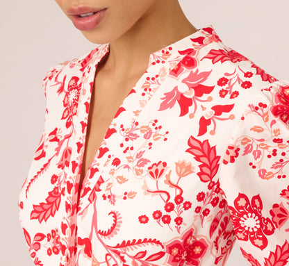 Long Sleeve Tie Front Floral Romper - White Coral Multi | Adrianna Papell