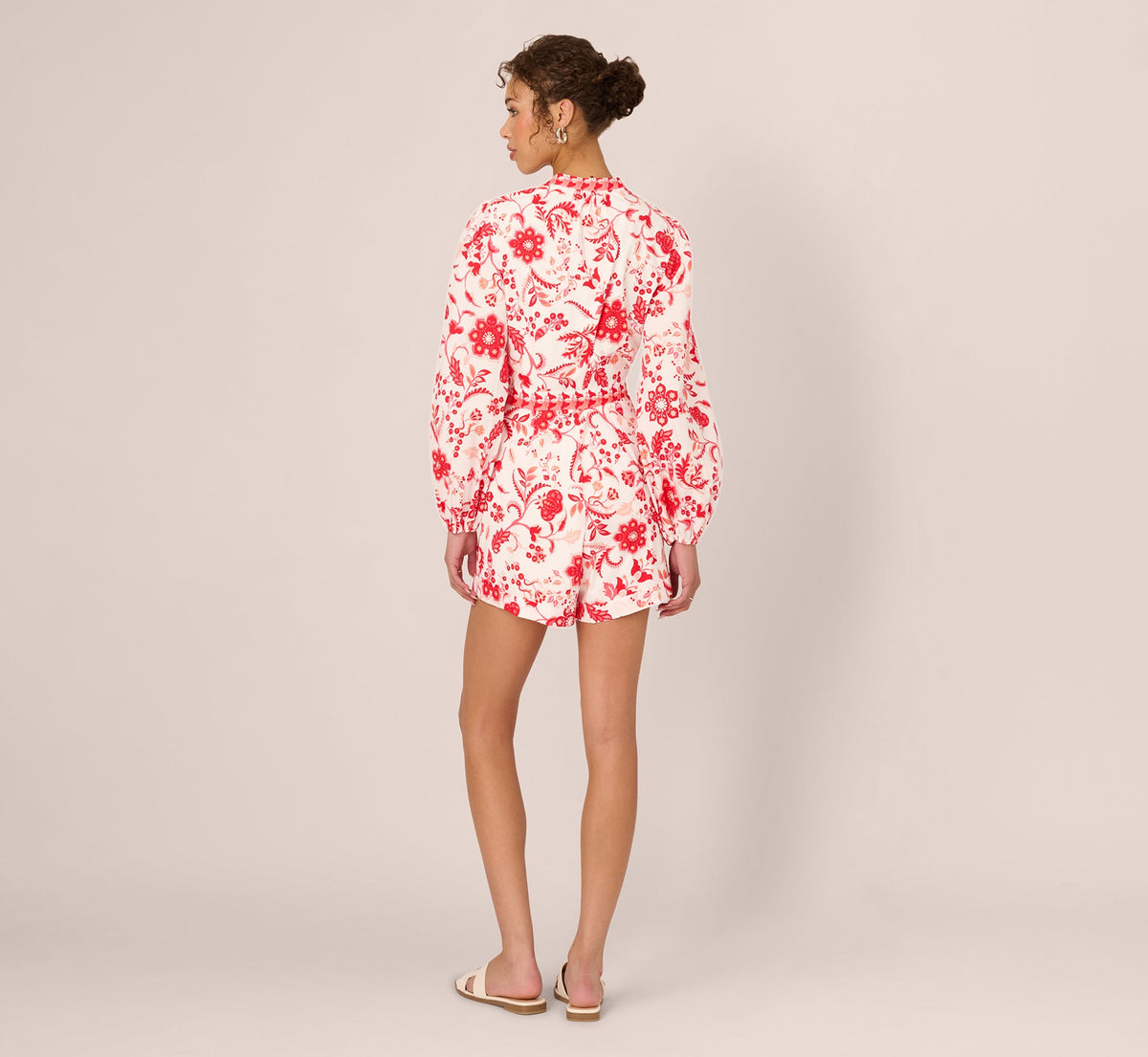 Long Sleeve Tie Front Floral Romper - White Coral Multi | Adrianna Papell