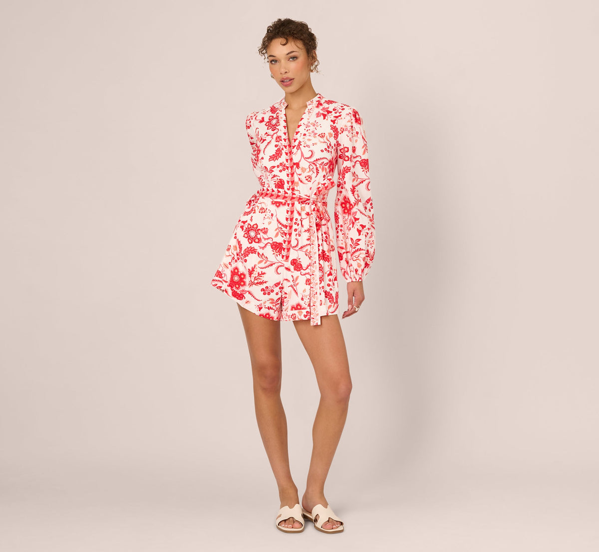 Long Sleeve Tie Front Floral Romper - White Coral Multi | Adrianna Papell