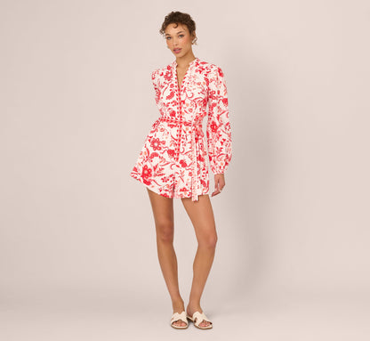 Long Sleeve Tie Front Floral Romper - White Coral Multi | Adrianna Papell