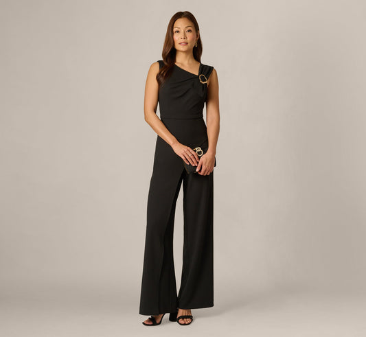 Buckle Shoulder Overlay Stretch Jumpsuit - Black | Adrianna Papell