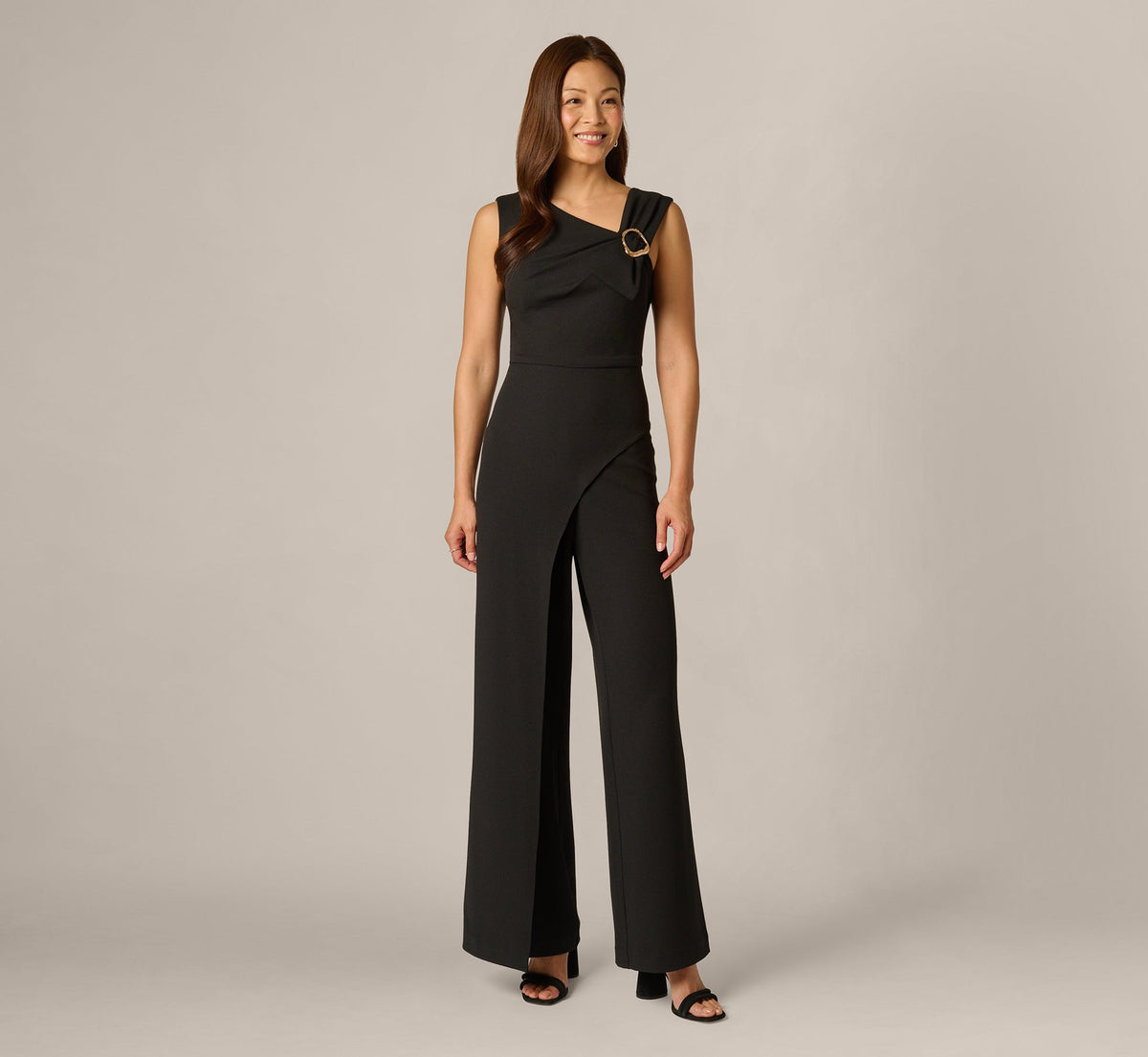 Buckle Shoulder Overlay Stretch Jumpsuit - Black | Adrianna Papell