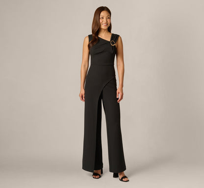 Buckle Shoulder Overlay Stretch Jumpsuit - Black | Adrianna Papell