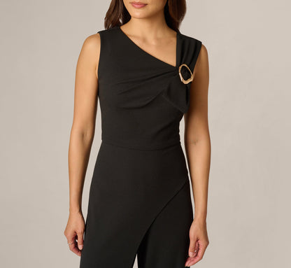 Buckle Shoulder Overlay Stretch Jumpsuit - Black | Adrianna Papell