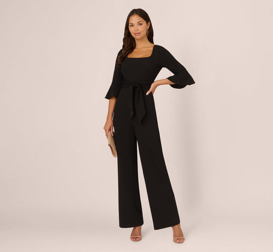 Knit Crepe Wide Leg Jumpsuit With Bell Sleeves - Black | Adrianna Papell