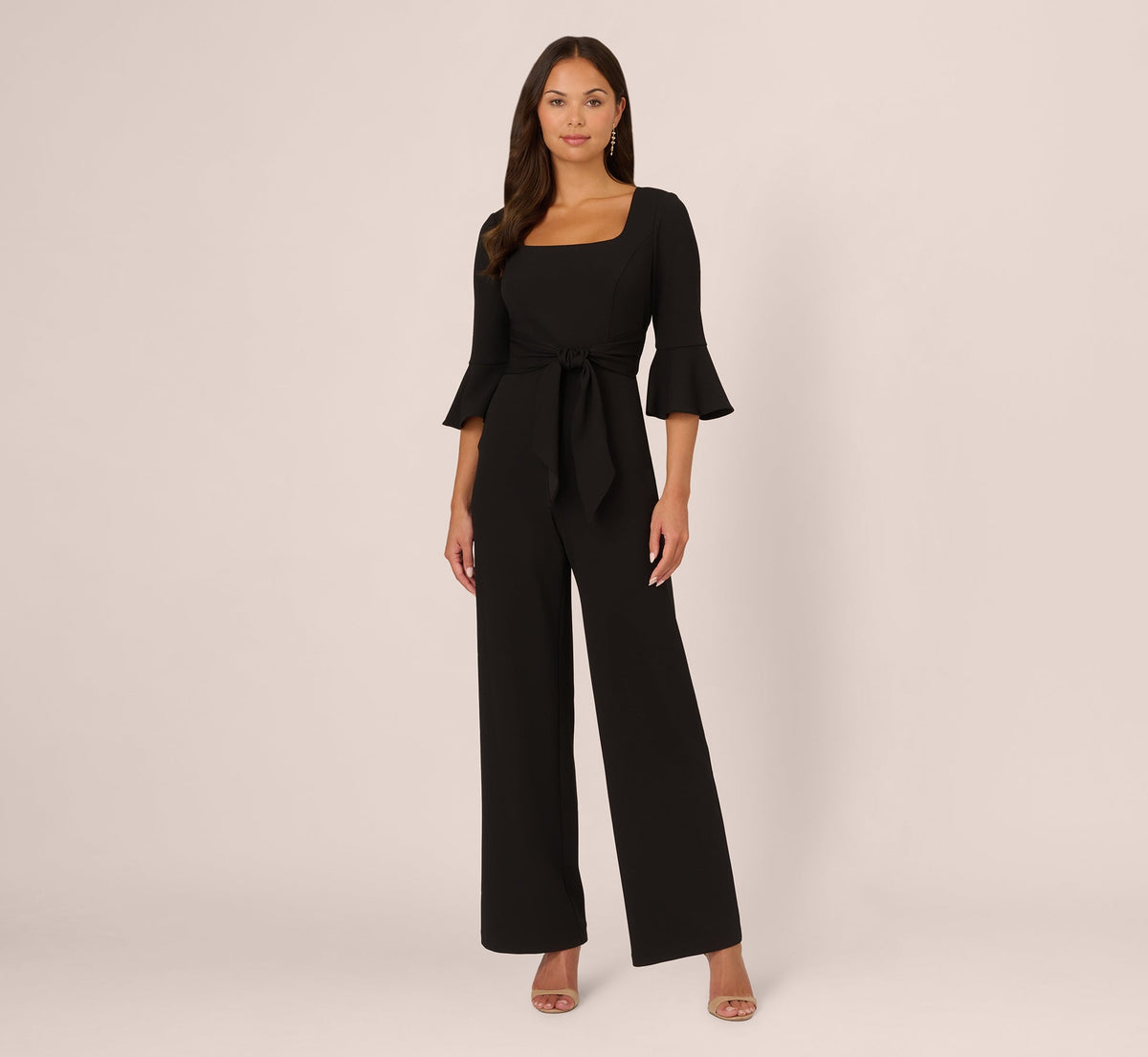 Knit Crepe Wide Leg Jumpsuit With Bell Sleeves - Black | Adrianna Papell