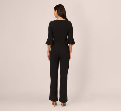 Knit Crepe Wide Leg Jumpsuit With Bell Sleeves - Black | Adrianna Papell