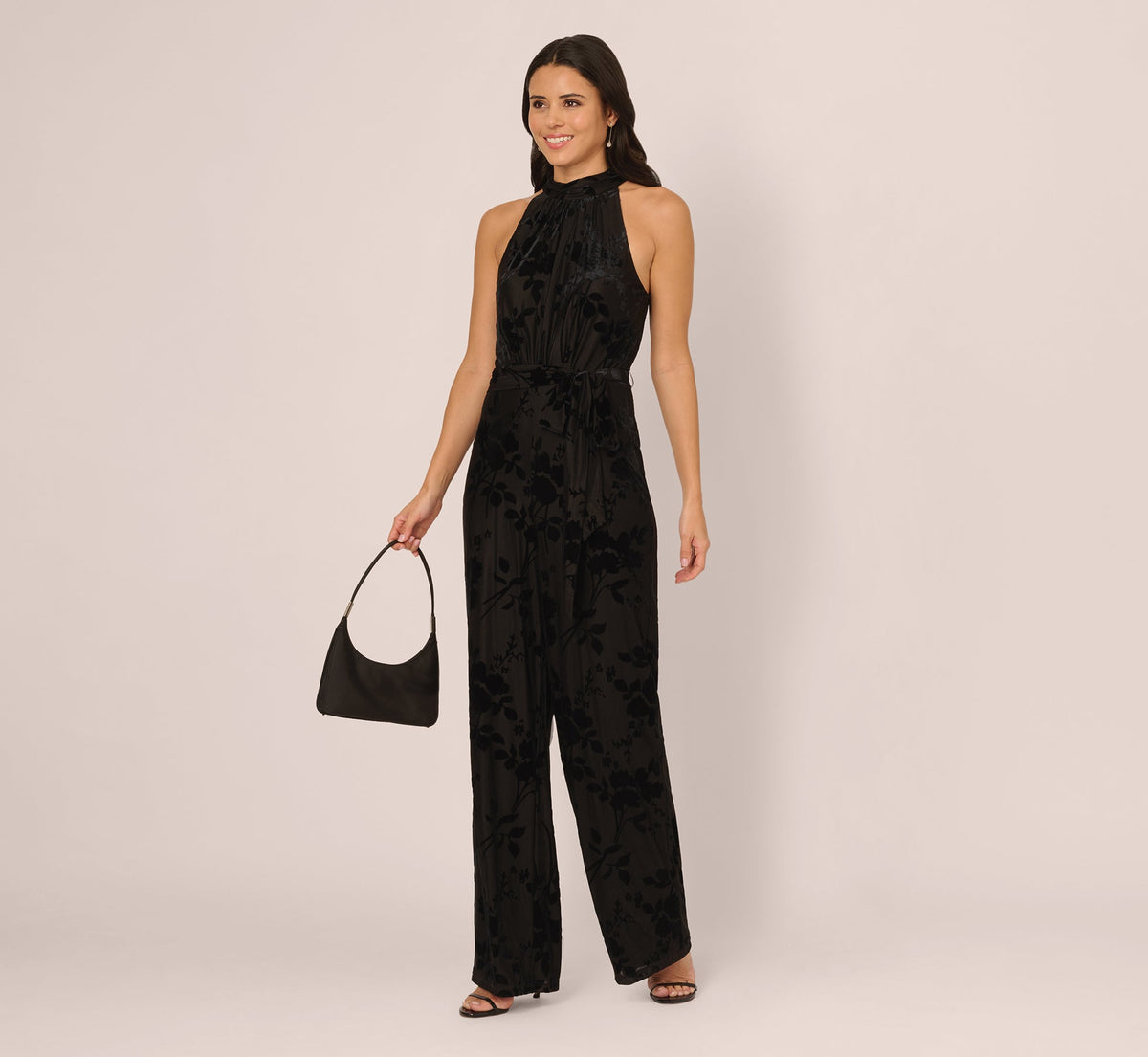 Sleeveless Floral Burnout Velvet Jumpsuit - Black | Adrianna Papell