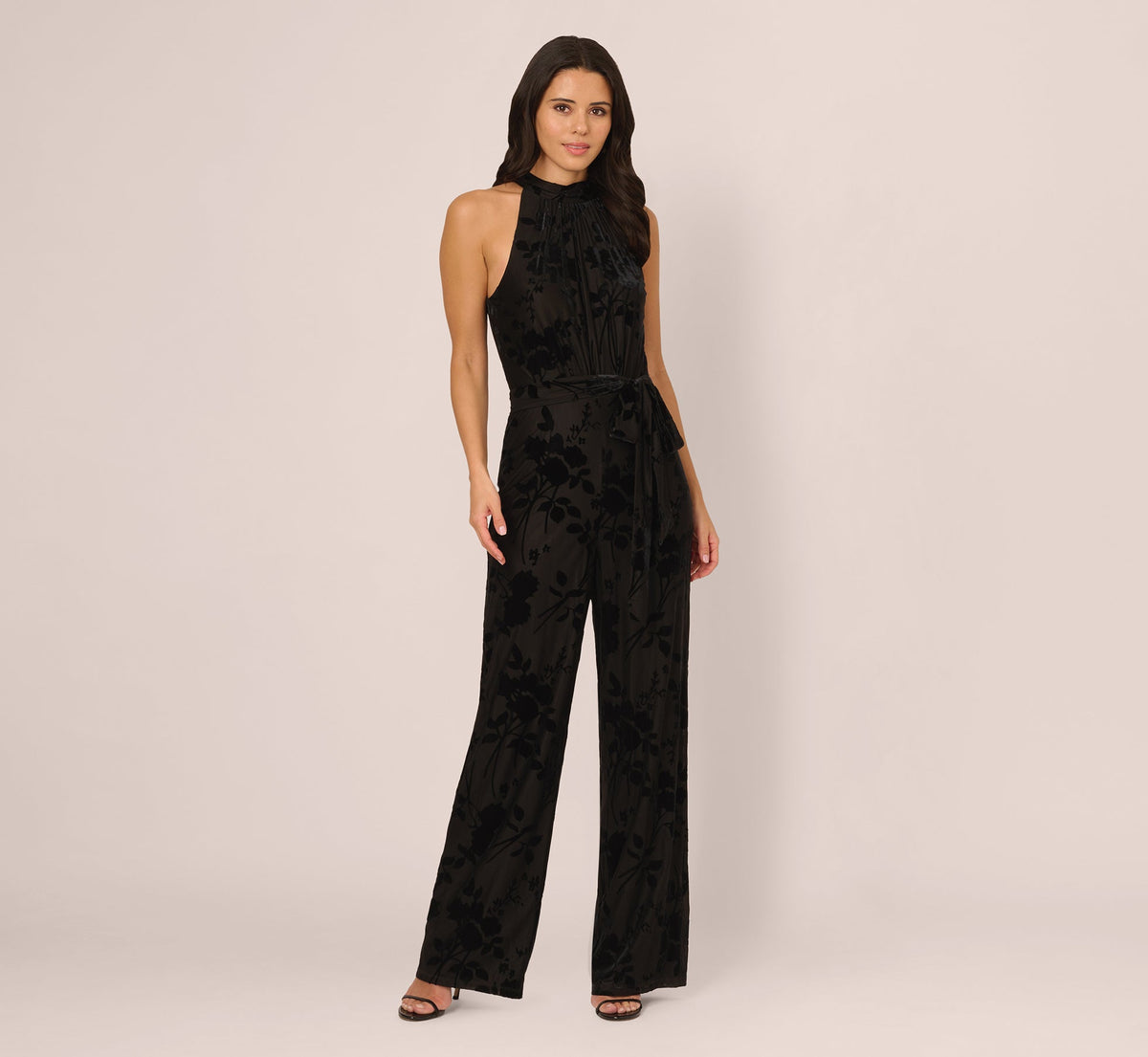 Sleeveless Floral Burnout Velvet Jumpsuit - Black | Adrianna Papell
